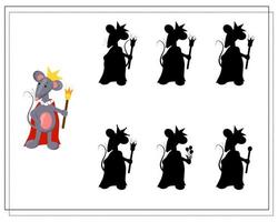 un juego de lógica para niños, encuentra una sombra. linda rata de dibujos animados, rey rata vector