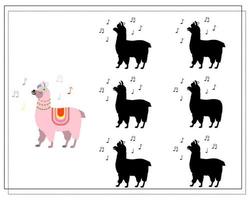 A logical game for children, Find the right shadow. a cute cartoon llama is listening to music vector