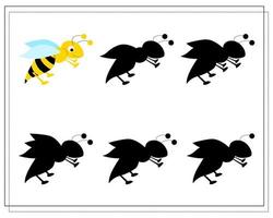 a puzzle game for preschool children. find the right shadow. Cartoon bee, wasp. Silhouette. vector