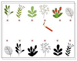 Children's logic game find the right shadow. Twigs of plants. vector