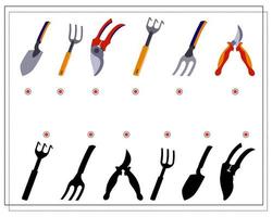 A puzzle game for kids. Find the right shade for your garden tools. vector