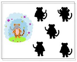 juego para niños encuentra la sombra correcta, lindo elefante de dibujos animados está vestido con un disfraz de tigre vector
