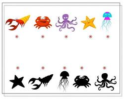 Puzzle game for kids find the right shadow. Pick up shadows for marine life crayfish crab octopus seahorse squid jellyfish vector