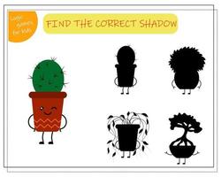 Childrens logic game find the right shadow, cute cartoon flower in a kawaii pot. vector