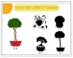 Childrens logic game find the right shadow, cute cartoon flower in a kawaii pot. vector