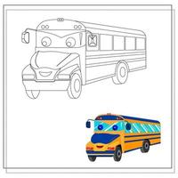 A cartoon school bus coloring book with eyes and a smile. Sketch and color version.