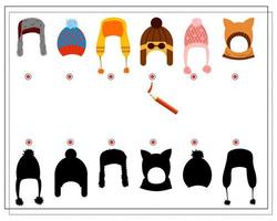 A logical game for children. find the right shade, winter hats of different shapes. vector