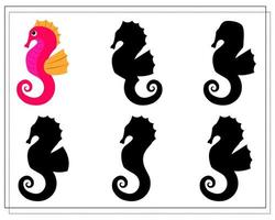 A puzzle game for kids Find the right shadow. Choose a shade for sea creatures, cartoon seahorse vector