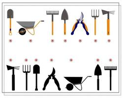 A game for kids, find the right shade for garden tools vector