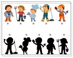 A logical game for children find the right shadow, cartoon children of different professions vector