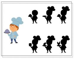 A logical game for kids find the right shadow, cook in the kitchen vector