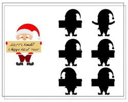 A logical game for children, find the right shadow. cartoon santa is sitting on a bag. vector