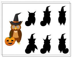 game for kids find the right shadow for the owl in the hat, vector