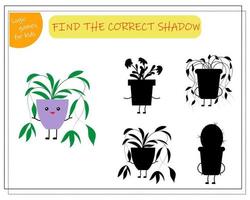 Childrens logic game find the right shadow, cute cartoon flower in a kawaii pot. vector