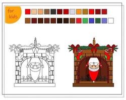 un libro para colorear para niños, una chimenea decorada para navidad y santa colgando boca abajo en la chimenea vector