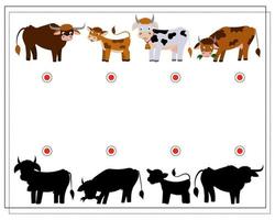 El juego de lógica infantil encuentra la sombra correcta. vaca, toro, ternero vector