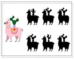 A logical game for children Find the right shadow . cute cartoon llama with a cactus vector