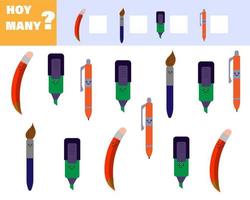 juego de matemáticas para niños cuenta cuántos elementos. cuenta cuántas lindas materias escolares de dibujos animados vector