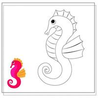 Page of the coloring book, seahorse. Sketch and color version.