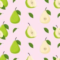 Green pears with green leaves seamless pattern. Flat vector illustration.