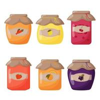 Glass jars of jam made of black currant, lemon, orange, strawberry, carrot and cherry with a closed lid. Cute vector illustration.