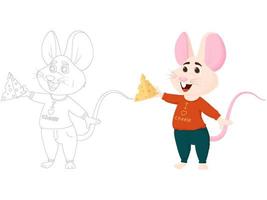 Cartoon smiling mouse character with cheese. Flat vector illustration. Color book.