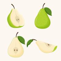 Set of green pears with green leaves isolated on white background. Flat vector illustration.