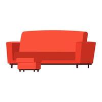 Red sofa with a padded stool isolated on white background. Footstool. Flat vector illustration.