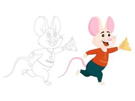 Cartoon smiling mouse character with cheese. Flat vector illustration.