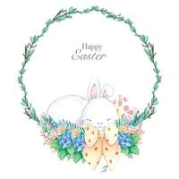 Watercolor wreath frame with spring easter decoration. Vector illustration.