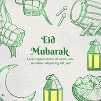 ilustración de eid mubarak con concepto de ketupat, bedug y linterna. estilo de boceto dibujado a mano vector