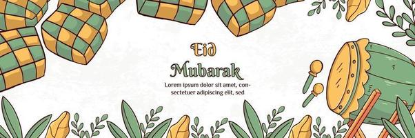Eid  Mubarak Illustration With Ketupat, bedug Concept. Hand Drawn And Flat Style