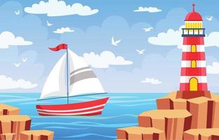 Beautiful Sea with Light House and Boat vector
