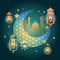 Eid Mubarak Celebration with Moon and Lantern vector