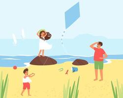 A boy is flying a kite on the beach vector