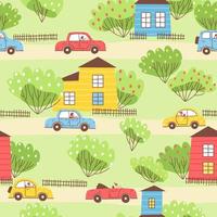 Seamless pattern with funny cars and houses vector