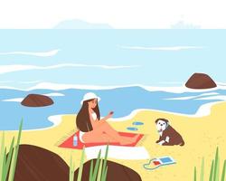 A girl on the seashore is resting with her dog English Bulldog vector