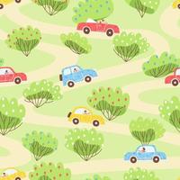 Seamless pattern with funny cars driving along the road past the trees vector