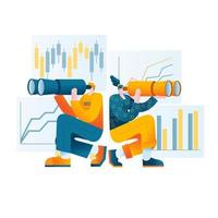 A young man and a girl with binoculars and a telescope on the background of stock indices vector