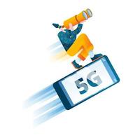 A girl with binoculars is surfing on a mobile phone at high speed vector