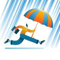 A woman with a laptop and an umbrella runs in the rain. vector