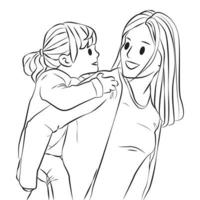 la madre le da a su hija un paseo a cuestas esbozar personas ilustración de dibujos animados vector