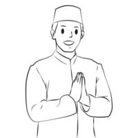 Muslim man welcome pose outline people cartoon illustration vector