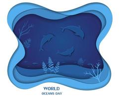 World oceans day concept with wildlife under sea,coral reef,algae and dolphines on paper cut style vector