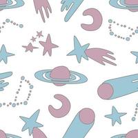 Galaxy cosmic seamless pattern with planets, stars and comets. Childish vector hand drawn cartoon illustration in simple sticker style