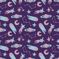 Galaxy cosmic seamless pattern with planets, stars and comets. Childish vector hand drawn cartoon illustration in simple sticker style