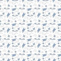 Galaxy cosmic seamless pattern with planets, stars and comets. Childish vector hand drawn cartoon illustration in simple scandinavian style. Pastel isolated on a white background.