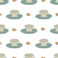 Seamless pattern with cups, saucers. Print with mugs for cafes, textiles and design. Vector flat illustration