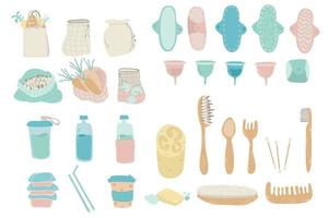 Collection Zero Waste lifestyle reusable items, products - glass jars, eco grocery bags, wooden cutlery, comb, toothbrush and brushes, menstrual cup. Flat vector illustration set. No plastic