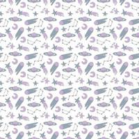 Galaxy cosmic seamless pattern with planets, stars and comets. Childish vector hand drawn cartoon illustration in simple scandinavian style. Pastel isolated on a white background.